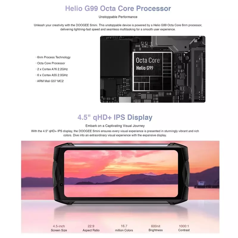 DOOGEE-Smartphone Smini 4G resistente, pantalla de 4,5 pulgadas, Octa Core, 8GB + 256GB, Android 13, 50MP, 3000mAh, 18W, carga rápida, NFC