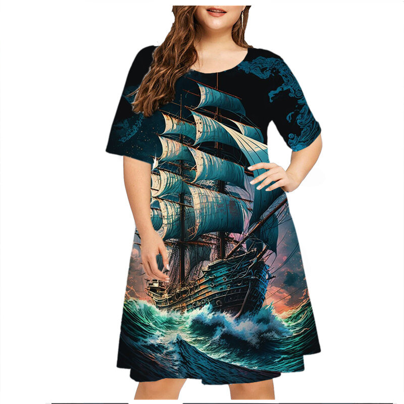 Женское винтажное платье с принтом корабля, свободное Повседневное платье с коротким рукавом, модель 6XL на лето, 2023