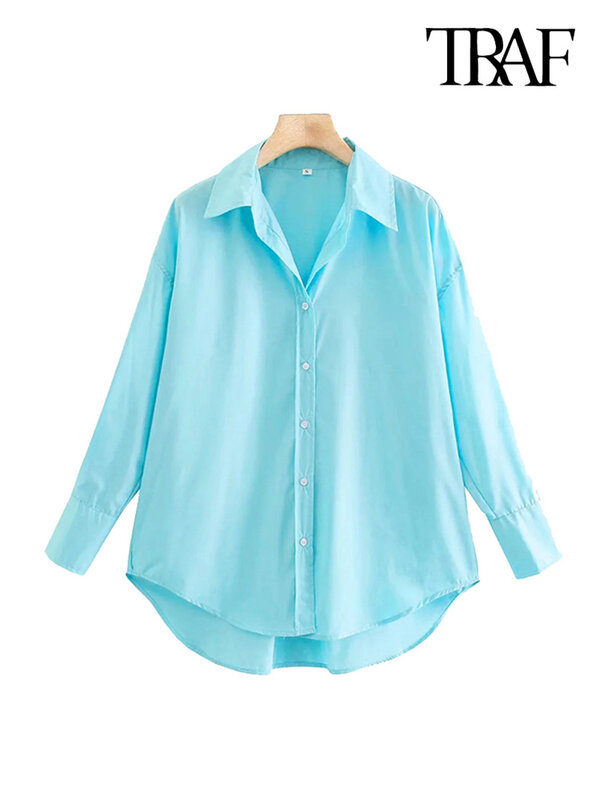 TRAF moda damska luźna asymetria popelina bluzki Vintage długi guzik na rękawie koszule damskie Blusas eleganckie koszule