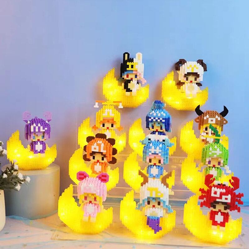 Maan Twaalf Sterrenbeelden Bouwstenen Model Mini Diy Creatief Bakstenen Speelgoed Voor Kinderen Cadeau Met Licht Assemblage Educatief Speelgoed