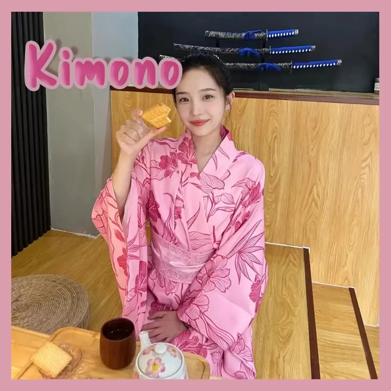 Kimono japonés con estampado de Sakura rosa para mujer, disfraces de Cosplay de Yukata, ropa de Halloween, actuación de fiesta, viaje de fotos