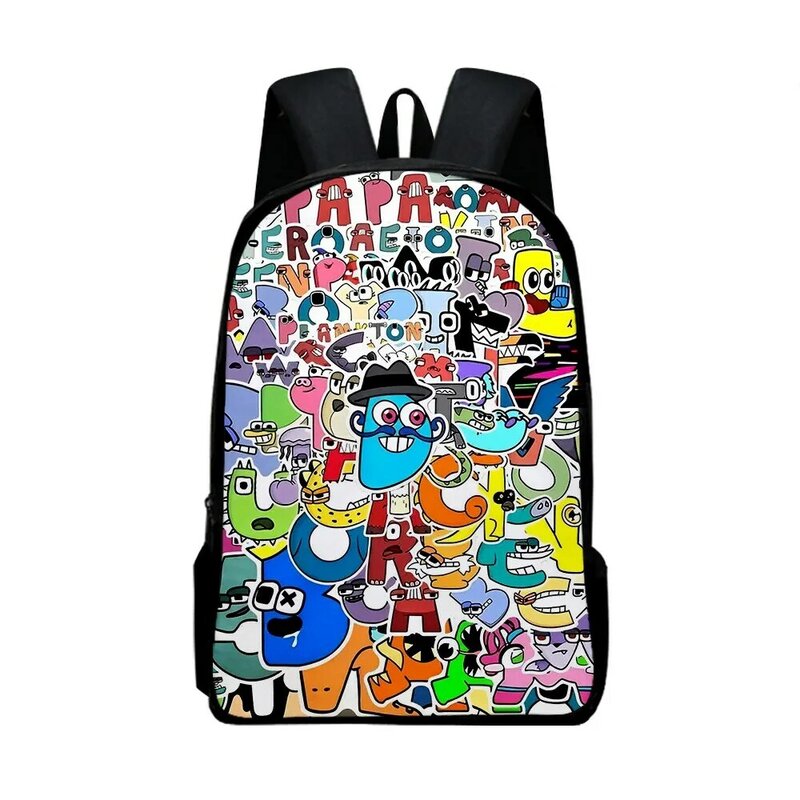 Alfabeto dos desenhos animados do anime impresso Schoolbag para meninos e meninas, sacos de livro diário, mochila portátil, mochila de ombro casual, estudantes, mulheres, homens