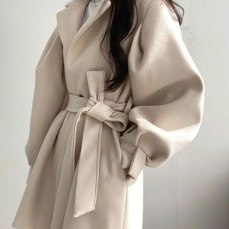 Cappotto di lana da donna autunno inverno elegante coreano solido spesso caldo di media lunghezza giacca con cintura con risvolto Office Lady Slim Trendy Outwear
