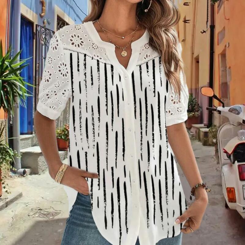 Women Top V Neck Flower Print Hollow Out Single-breasted Short Sleeve Loose Buttons Soft Casual Breathable Mid Length Lady Summe