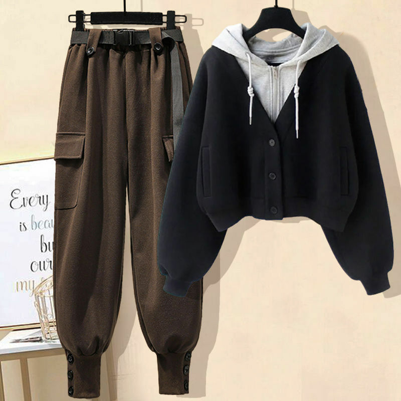 Conjunto de dos piezas de ropa de trabajo para mujer, traje informal ajustado y grueso con capucha, moda coreana, otoño e invierno, 2022
