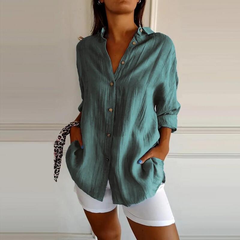 Camisa monocromática de lapela feminina, camisa confortável, manga comprida, tops de peito único, ajuste solto, roupa de trabalho