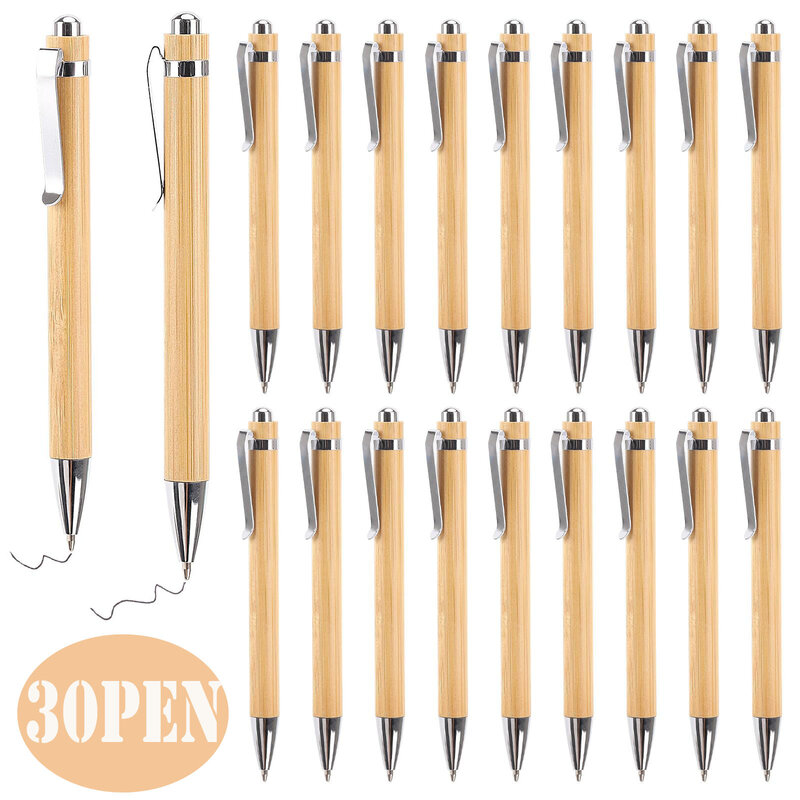 30Pcs Bamboo Wood Ballpoint Pen 1.0mm Bullet Tip Black Ink Signature Ball Pen School Wrting Stationery