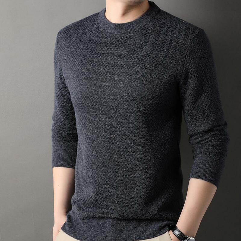 Men Sweater Mid-length Casual Men's Sweater with Thickened Plush Solid Color Warm Long Sleeves for Fall Winter Round Neck Men