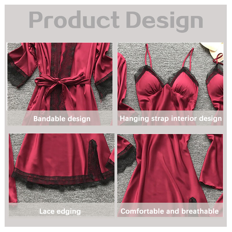 4-częściowa damska seksowna koronkowa piżama modna suknia z dekoltem w serek wygodna piżama piżama piżama z poduszkami na klatkę piersiową koszula nocna Casual Loungew