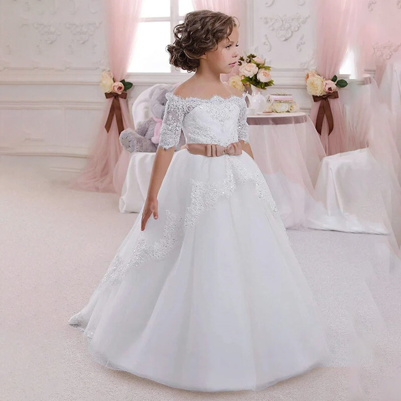 Applique Lace Tulle Flower Girl Dress Ball Gown Bow Belt Princess First Communion Gown Puffy Wedding Birthday Dress for Kids