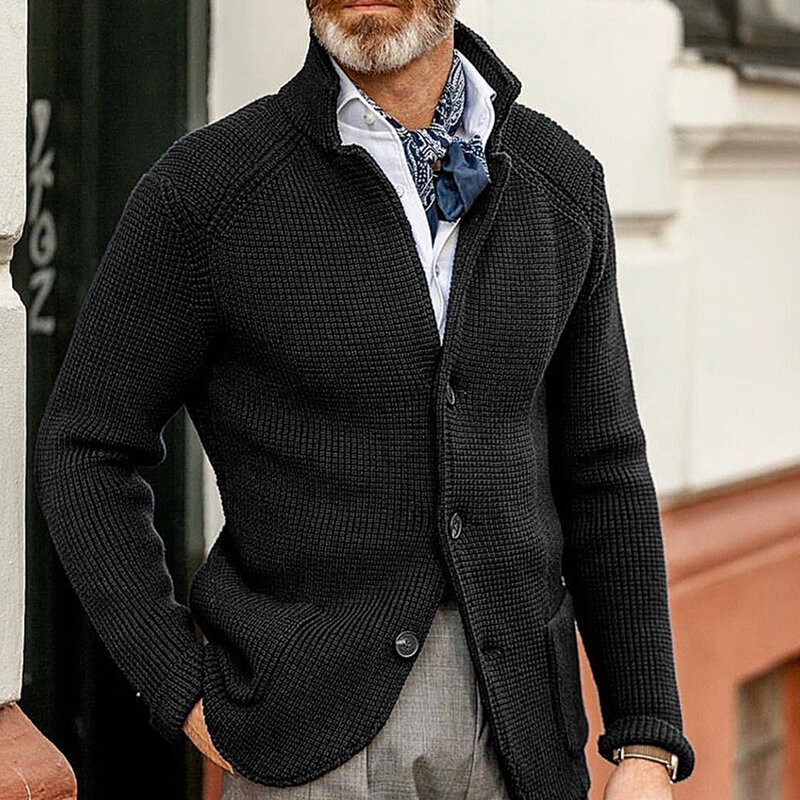 Модный мужской вязаный свитер, куртки, однобортный приталенный жакет с воротником-стойкой, повседневный деловой Блейзер, мужская верхняя одежда, топы
