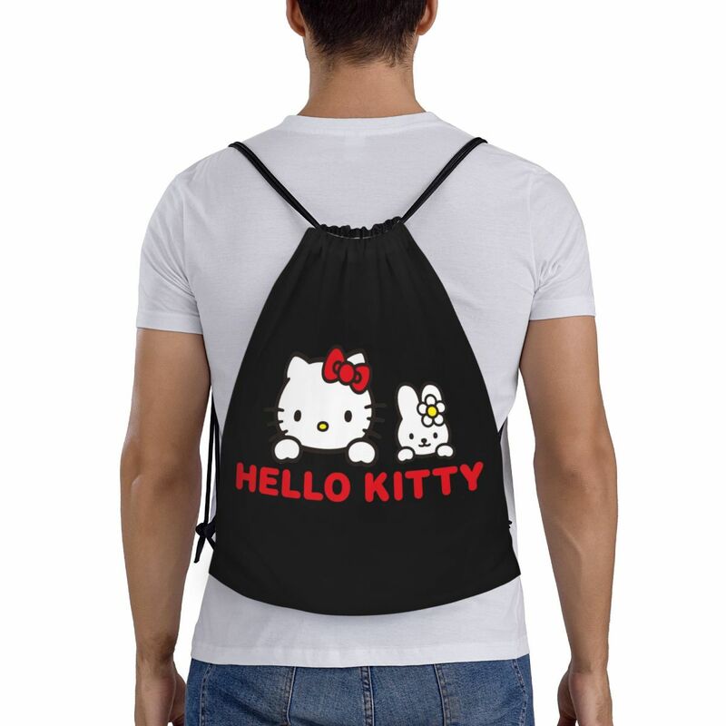 Custom Hello Kitty Cat Drawstring Backpack Sports Gym Bag for Men Women Shopping Sackpack