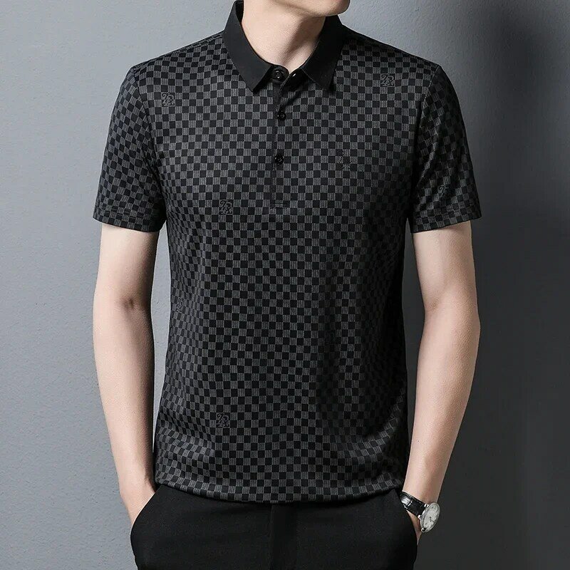 Camisa polo xadrez de manga curta masculina, blusa de seda gelada, fresca e respirável, marca high-end, verão