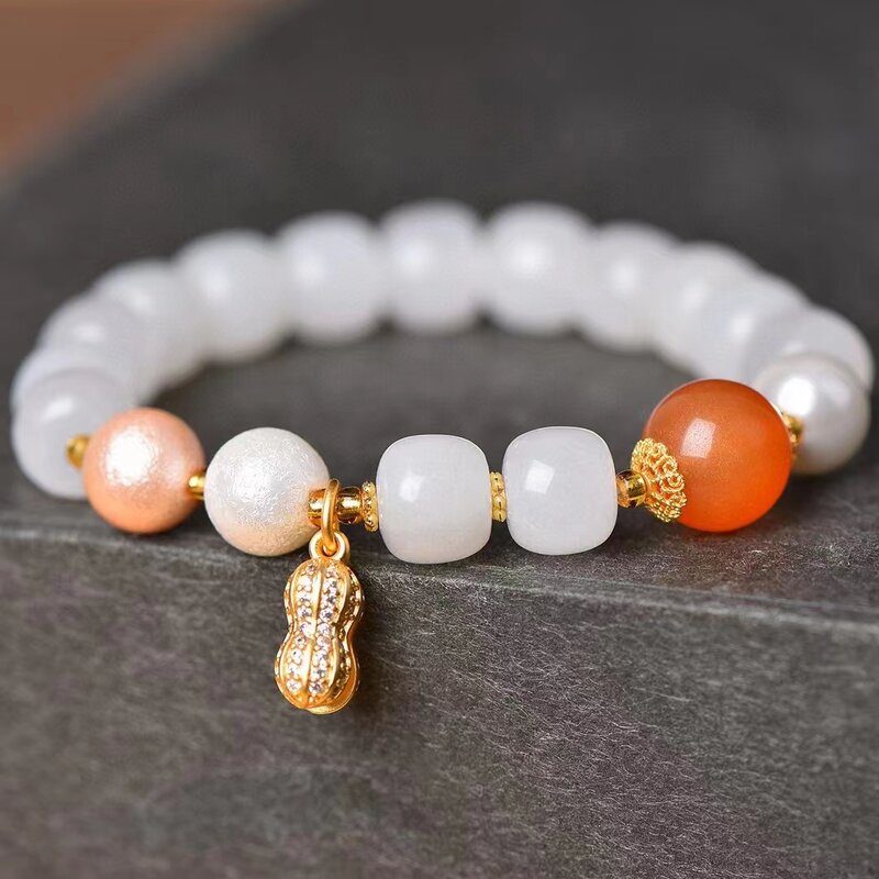 Golden Silk Jade Hand Chain White Apple Beads Natural Stone Elastic Bangle Exquisite Women Gemstone Bracelets Charms Jewelry
