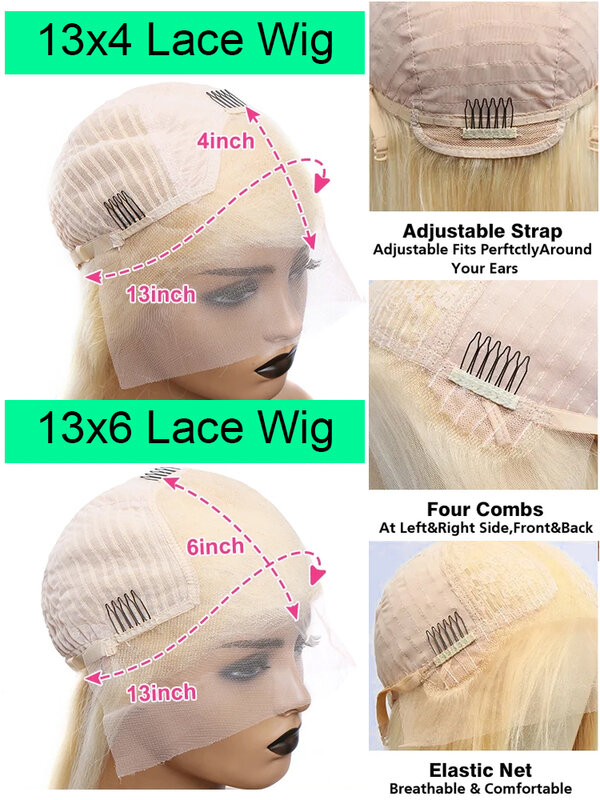 Perruque Lace Front Wig sans colle naturelle Body Wave, blond miel, 13x6, 4x4, 13x4, transparente, HD 613