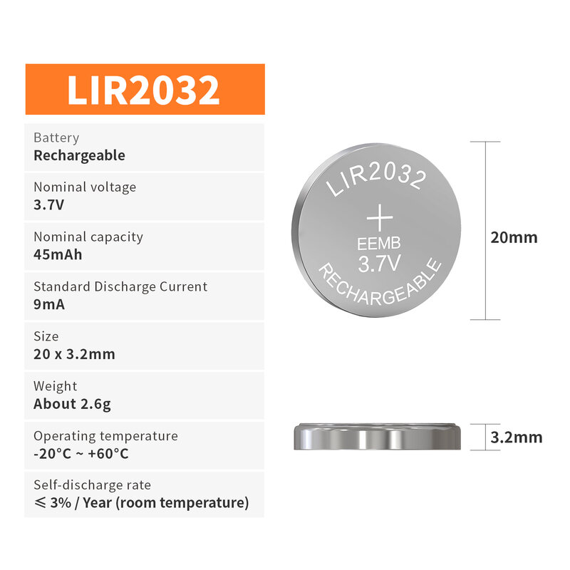 Batterie bouton eymb LIR2032, 3.7V, 45mAh, Rechargeable, Lithium-ion, pour écouteurs, pièces de monnaie, montre, clés de voiture