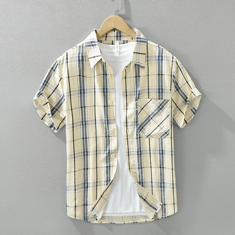 Camisas de manga curta xadrez masculinas, camisas soltas casuais de algodão, plus size, nova moda, verão, 2024