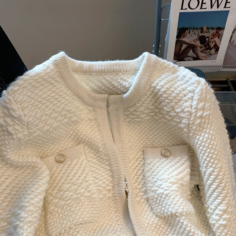 女性の白いニットのジャケット,2022,小さなコート,エレガントなカーディガン,秋冬