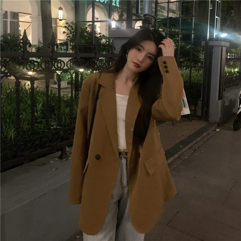 Women's Spring/Summer Retro Casual Short Long Sleeve Blazer Commuter solid color loose double-breasted blazer collar Suit Jacket