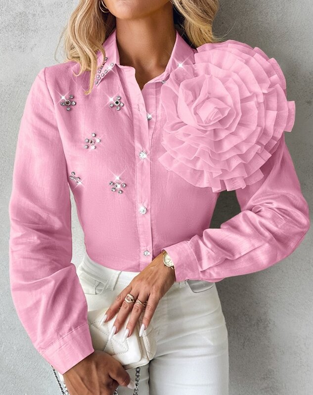 Fashion Woman Blouse Spring Rose Detail Rhinestone Single Breasted Casual Plain Turn-Down Collar Long Sleeve Daily Shirt Top