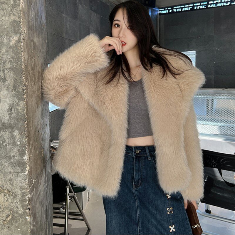 2023 jesienno-zimowe stroje dla kobiet duża klapy futrzany kardigan płaszcz koreański elegancki damski puszysta kurtka płaszcz ze sztucznego futra