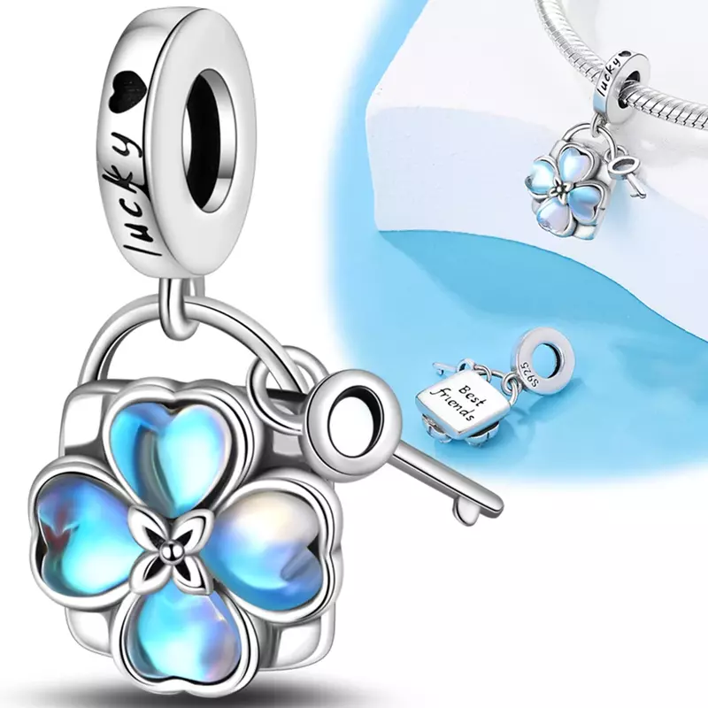 925 Sterling Silver Open Rings Cute Butterfly Moonstone Four-leaf Clover Charms Beads Fine Jewelry for Women Party Diy