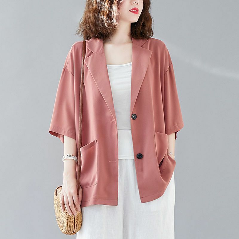 Новинка 2024, летняя Минималистичная Повседневная модная универсальная куртка оверсайз с рукавом средней длины, женская одежда