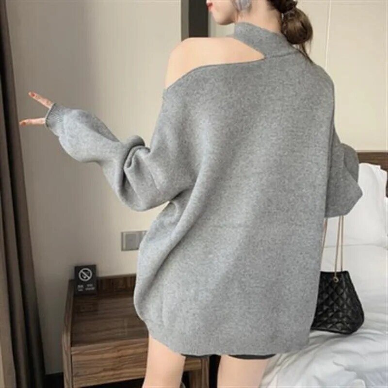 Irregular Sexy Pullovers Women Sweaters Off Shoulder Aesthetic Solid Autumn Lazy Style Harajuku All-match Baggy Streetwear Lady
