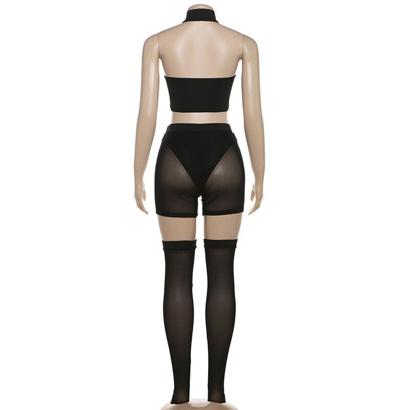 Летний сексуальный облегающий комплект из 3 предметов для девочек 2024, женский короткий топ без рукавов с лямкой на шее, прозрачные шорты в стиле пэчворк, леггинсы, клубная одежда