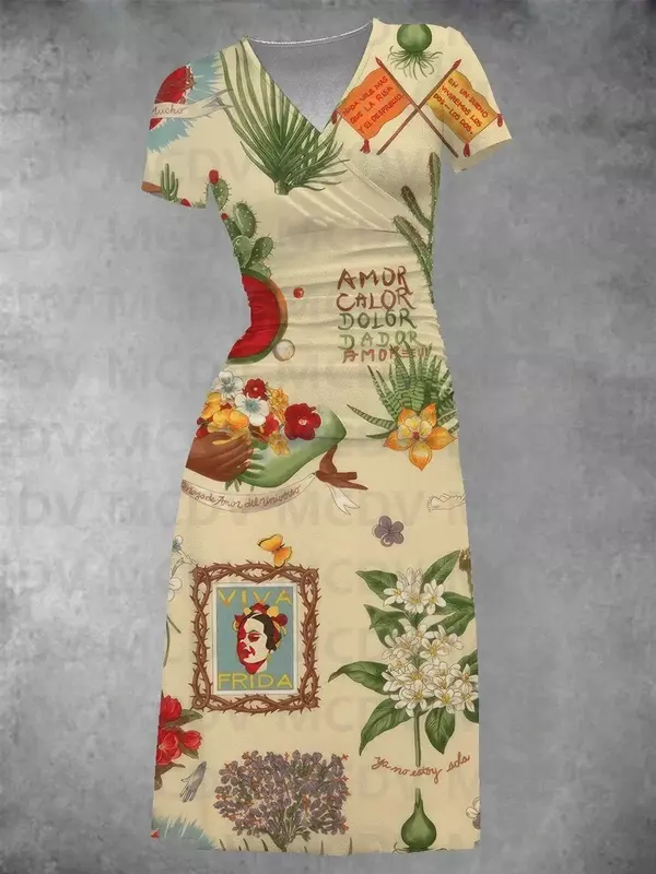Abito longuette con grafica da giardino Frida da donna Set abito Sexy con scollo a v stampato in 3D abiti femminili