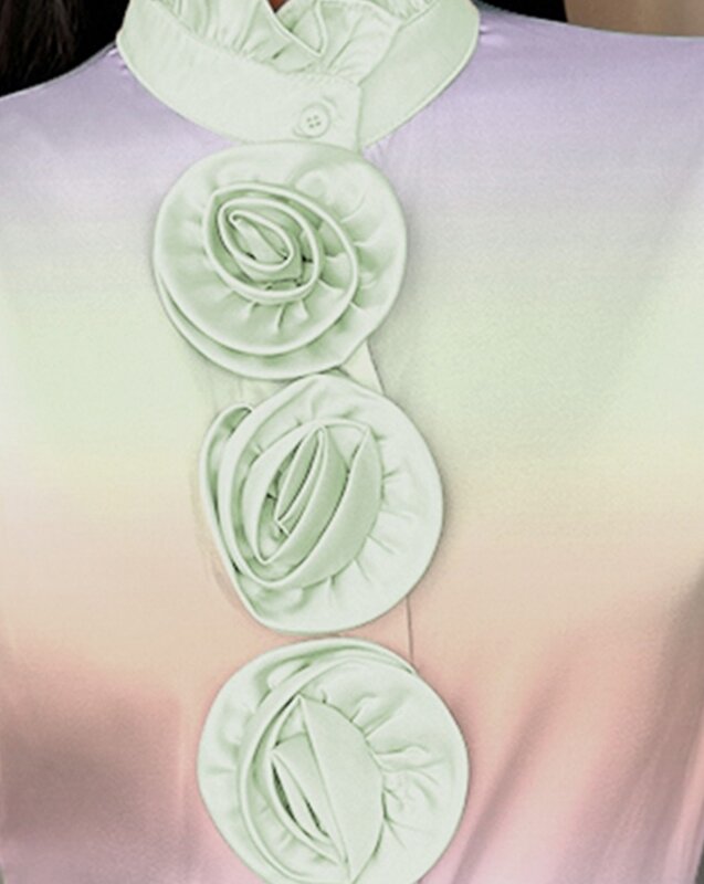 Blusa Regular de manga larga con dobladillo y volantes para mujer, Top de cuello alto con detalle de Rosa degradado, primavera y verano, 2024