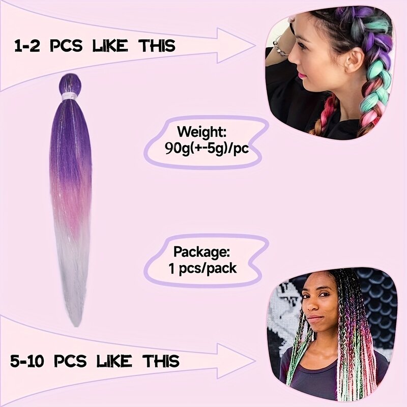 Purple Pink White 3 Tones Ombre Straight Braids Blend Hair Tinsel Festival Rave Hair Extensions for Girls Crazy Hair Day Braids