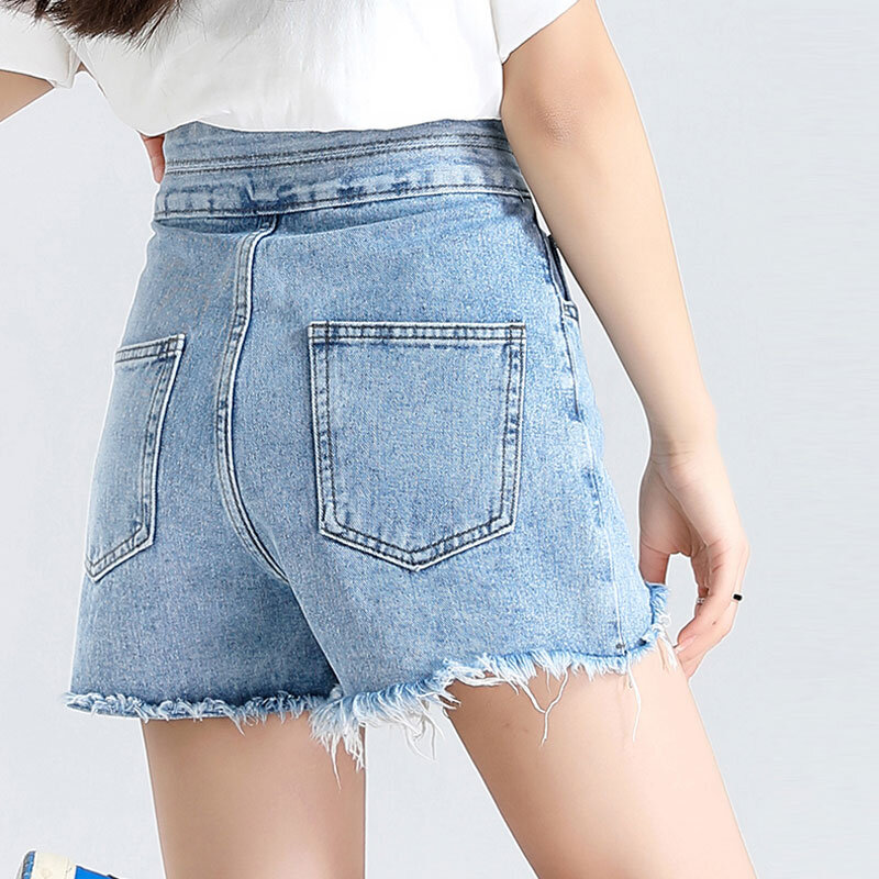 Джинсовые шорты для женщин, нишевые штаны с завышенной талией, с дырками, с широкими штанинами, в стиле Instagram Хай-стрит, с необработанным краем