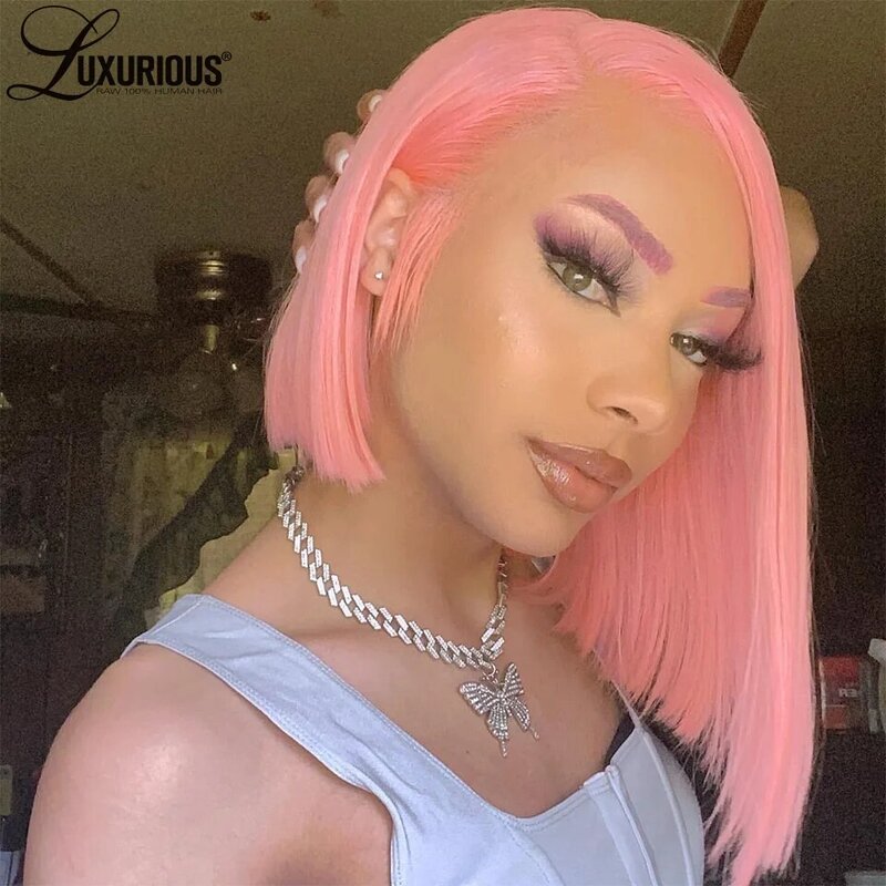 Wig Bob pendek lurus merah muda tanpa lem Wig rambut manusia Virgin Brasil Wig Frontal renda transparan pra pencabutan UNTUK WANITA HITAM