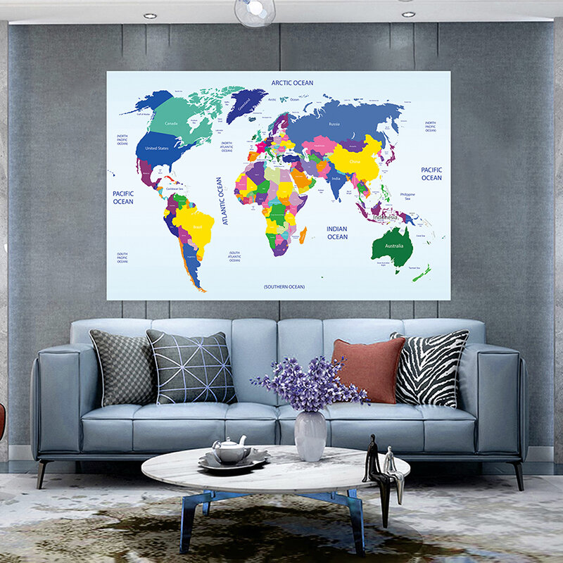 다채로운 부직포 세계지도 사무실 및 학교 교육 벽 장식 포스터 150x100cm 국가 플레이트지도