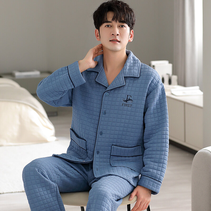Cardigan de algodão fino de três camadas masculino, pijama avançado, estilo lapela, outono e inverno