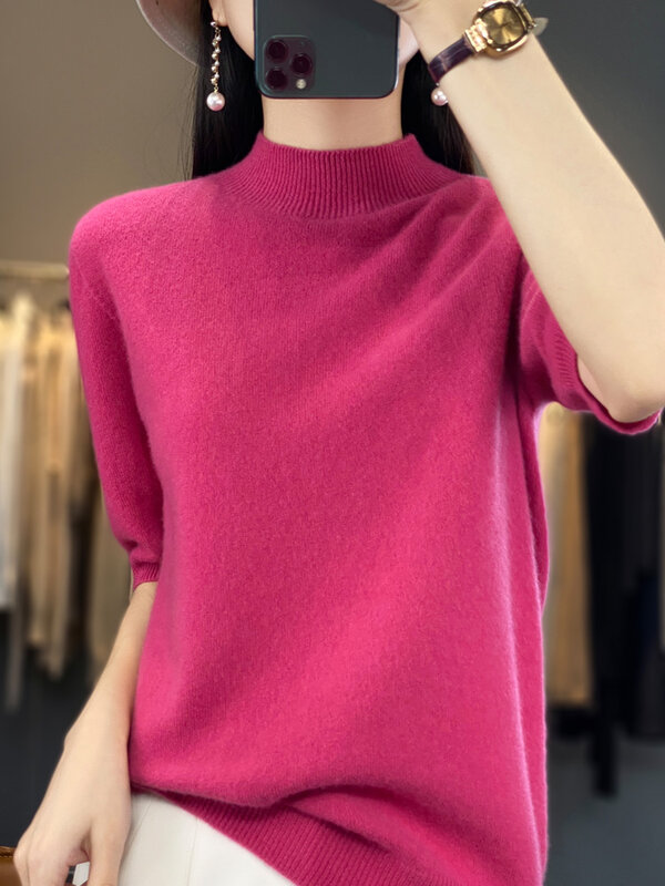 Suéter com decote simulado feminino, 100% lã merino, pulôver básico, manga curta, malha de caxemira, roupas femininas, tops, primavera, verão, outono