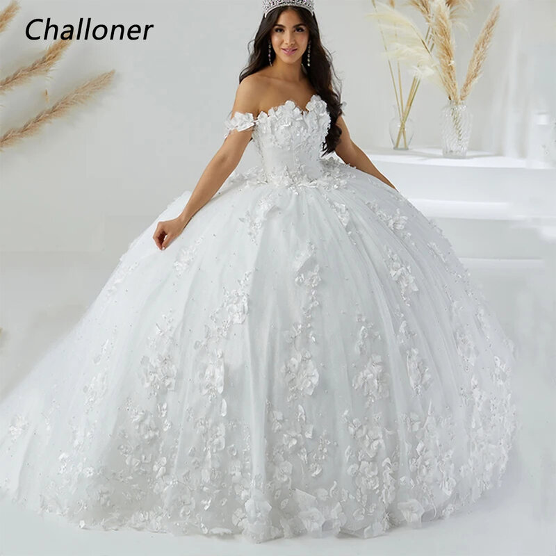 Challoner kochanie Quinceanera sukienki bez ramion 3D kwiaty koronki z koralikami długość tylnego piętra suknia wieczorowa vestidos de fiesta