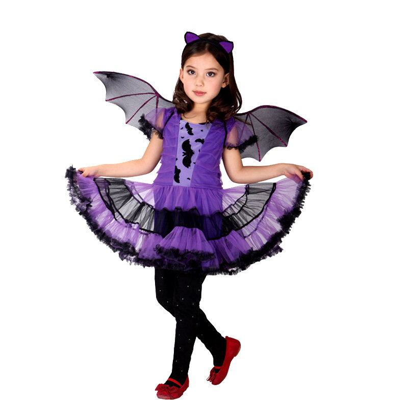 할로윈 멋진 가장 무도회 파티 보라색 박쥐 소녀 의상, 어린이 코스프레 소품, 댄스 드레스 의상, 어린이 드레스, 소녀 선물