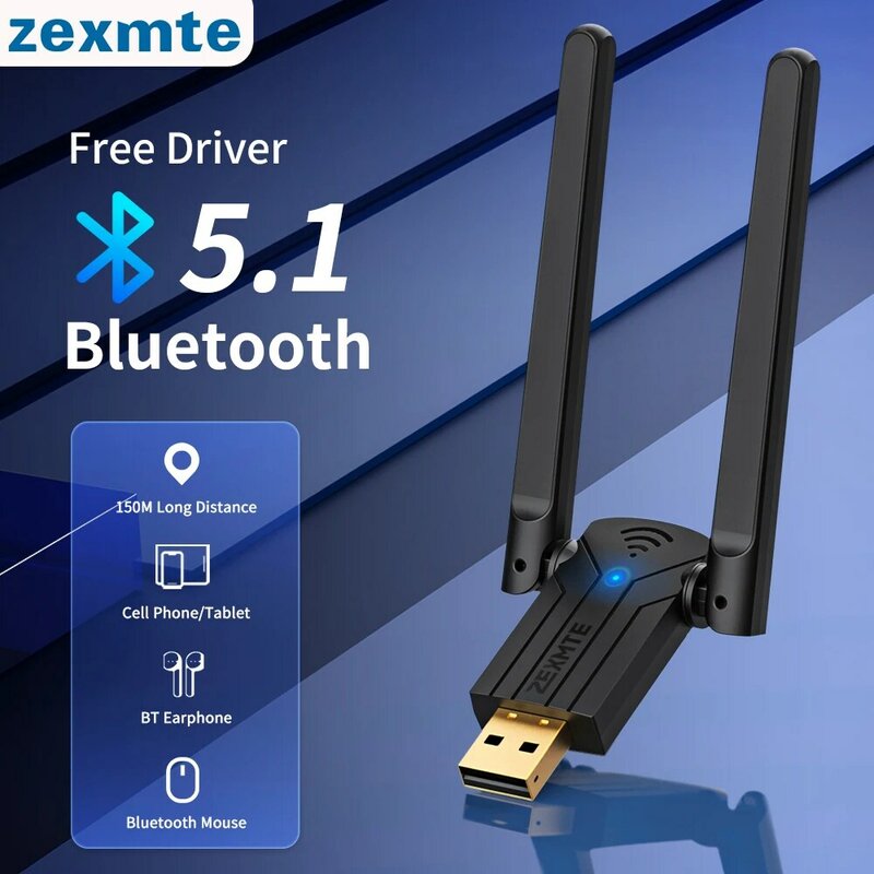 Zexmte adaptor Bluetooth 150M, Dual Band USB Bluetooth 5.1 pemancar Audio penerima Dongle Gratis Driver untuk Win 10/11 adaptor