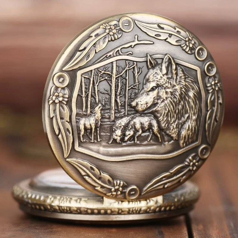 Vintage Bronze Relógio De Bolso Com Colar Corrente, Lobo Selvagem Criativo, Pingente De Moda, Relógio De Quartzo Animal, Presente