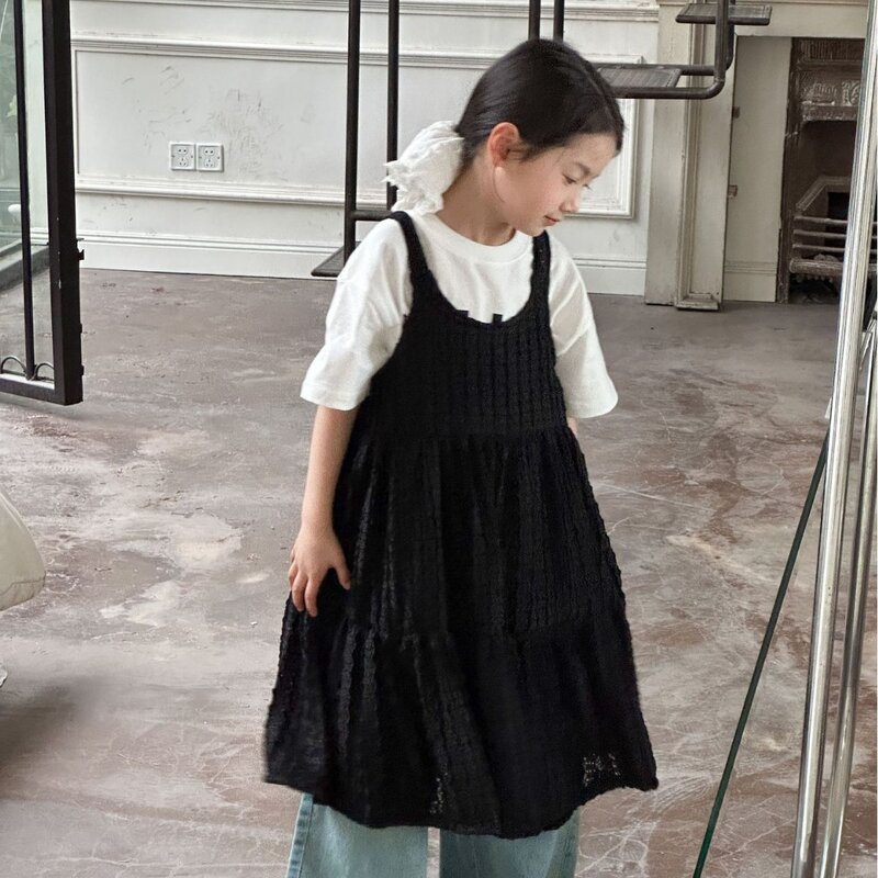 Детская одежда, Новинка весна-лето 2024, модное платье в Корейском стиле для девочек, кружевное длинное милое платье принцессы, подходящее ко всему