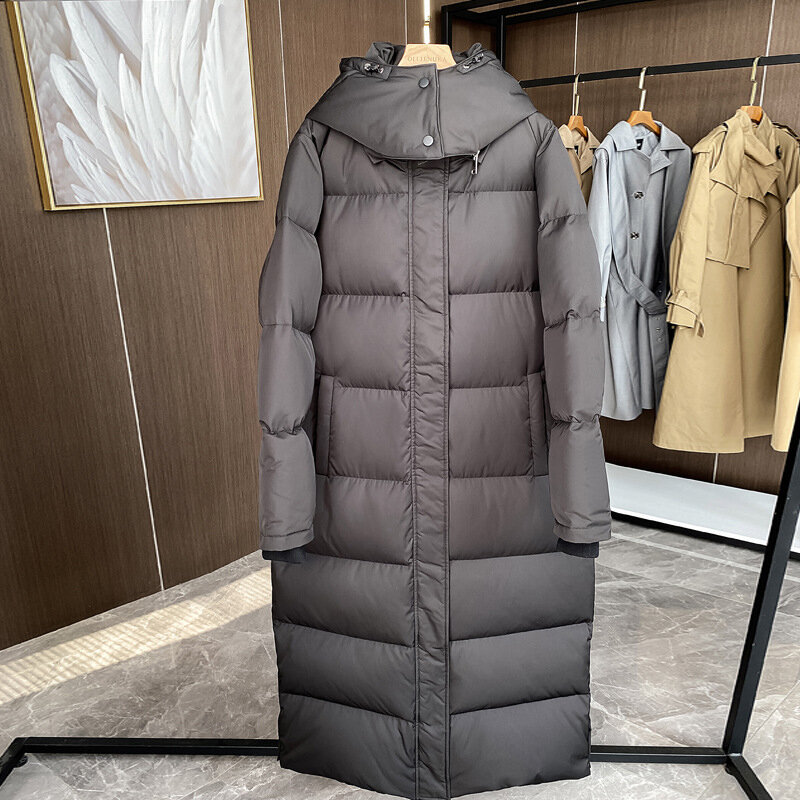 따뜻한 90 화이트 오리털 롱 코트 및 재킷 여성용, 두꺼운 포켓 오버 코트, 새로운 후드 단색 패션 레저 외투