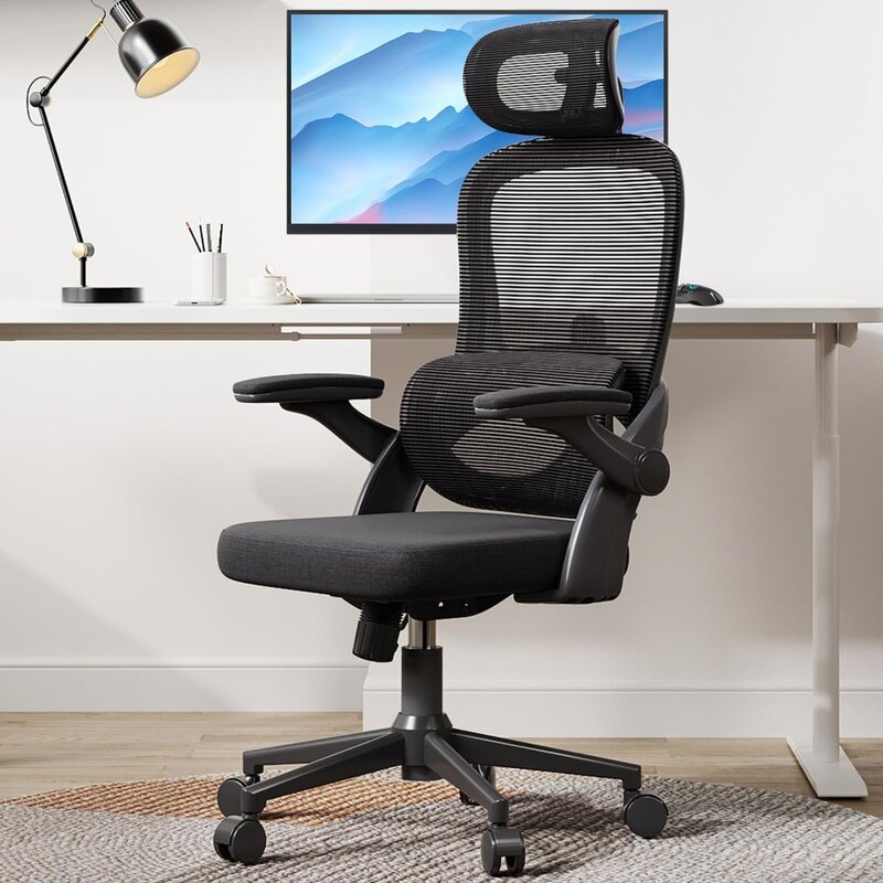 Вращающийся компьютерный стул с высокой спинкой и 3D подлокотниками, регулируемый 2D подголовник с поддержкой поясницы вверх и вниз, для офиса