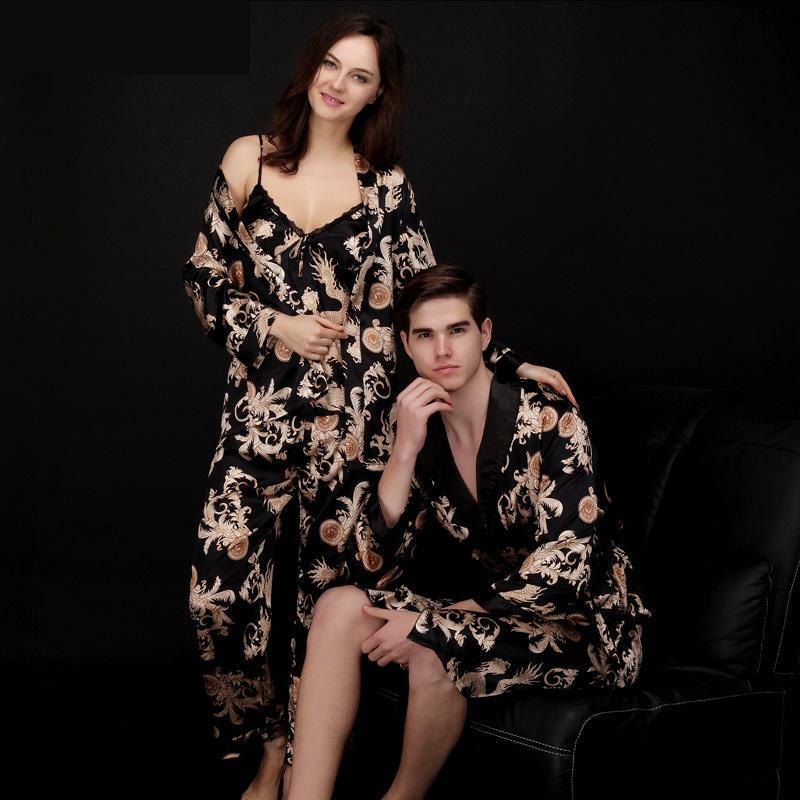 Albornoz de seda de Cachemira para hombre y mujer, conjunto de pijamas de pareja, camisón, Kimono, bata de baño