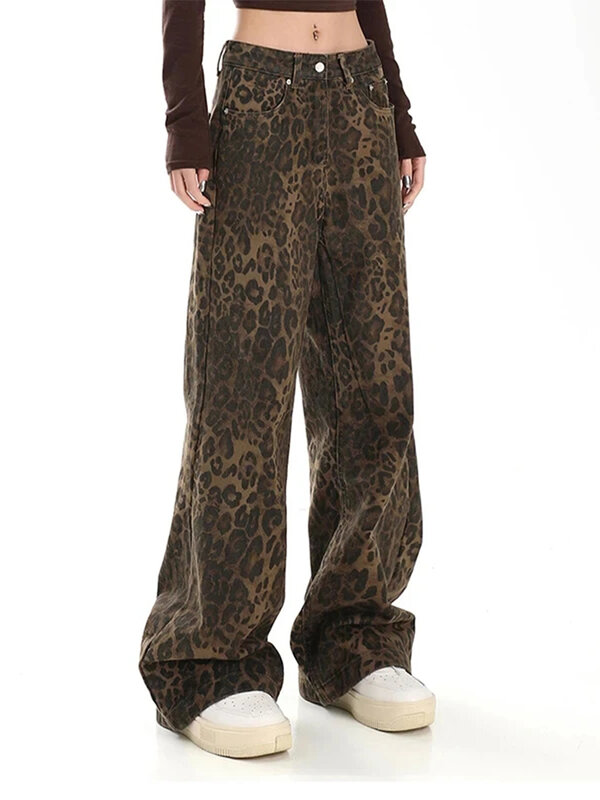 HOUZHOU Tan Leopard Jeans wanita celana Denim wanita kebesaran celana panjang kaki lebar Streetwear Hip Hop pakaian antik longgar kasual