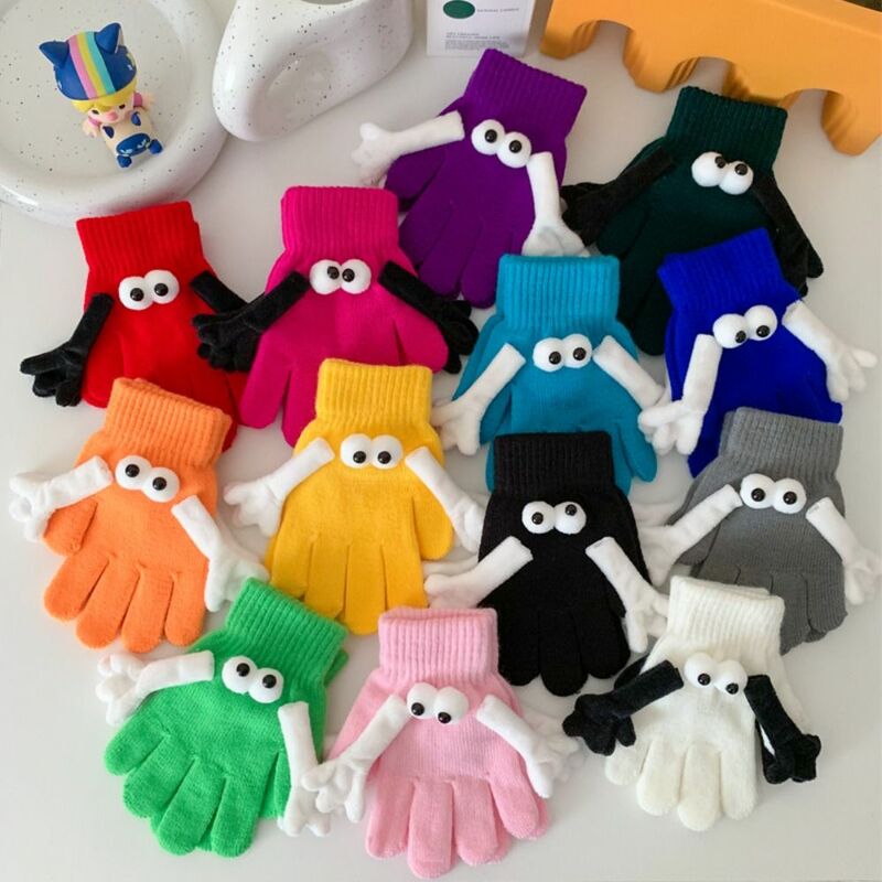 Big Eyed Doll Hand in Hand Magnetic Knitted Gloves Warm Open Fingered Student Magnetic Knitted Gloves Soft Cute Kids Gloves