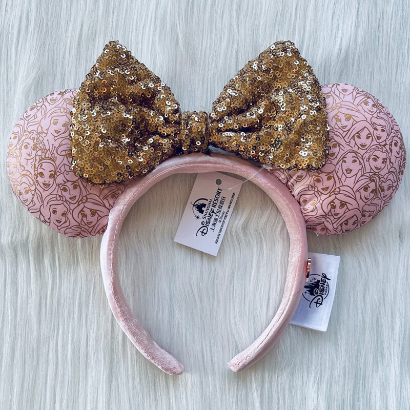 Diadema de Mickey Mouse de plata de Disney, diadema de oreja de Minnie, Blancanieves, aro de pelo de lentejuelas, accesorios de regalo de cumpleaños, 100 ° aniversario, nuevo