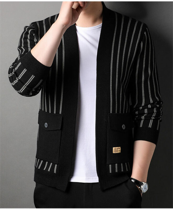 2023 Autumn Winter New Versatile Casual Men's Top Coat Fashion Urban Striped Knitted Cardigan V-Neck Pocket Trendy Overcoat