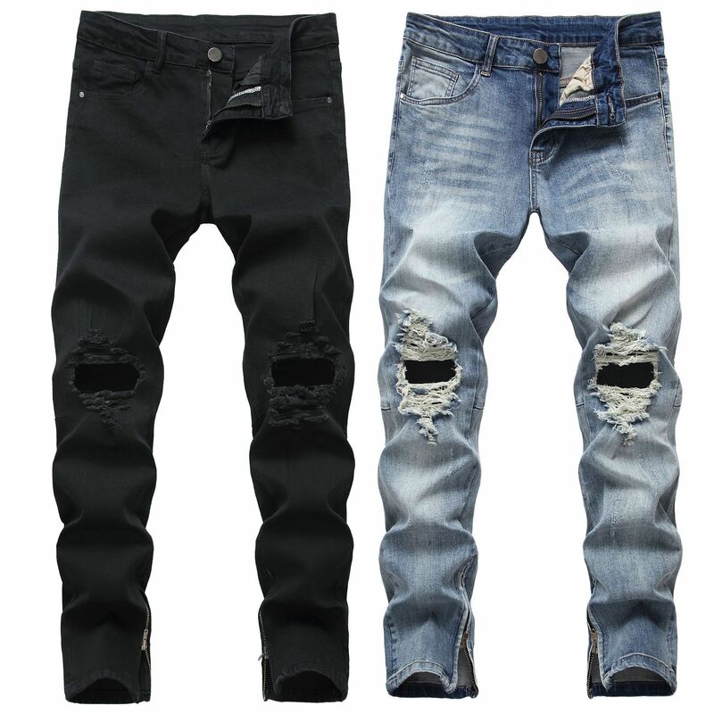 European and American New Distressed Casual Jeans for Men, Pure Black Men's Jeans
